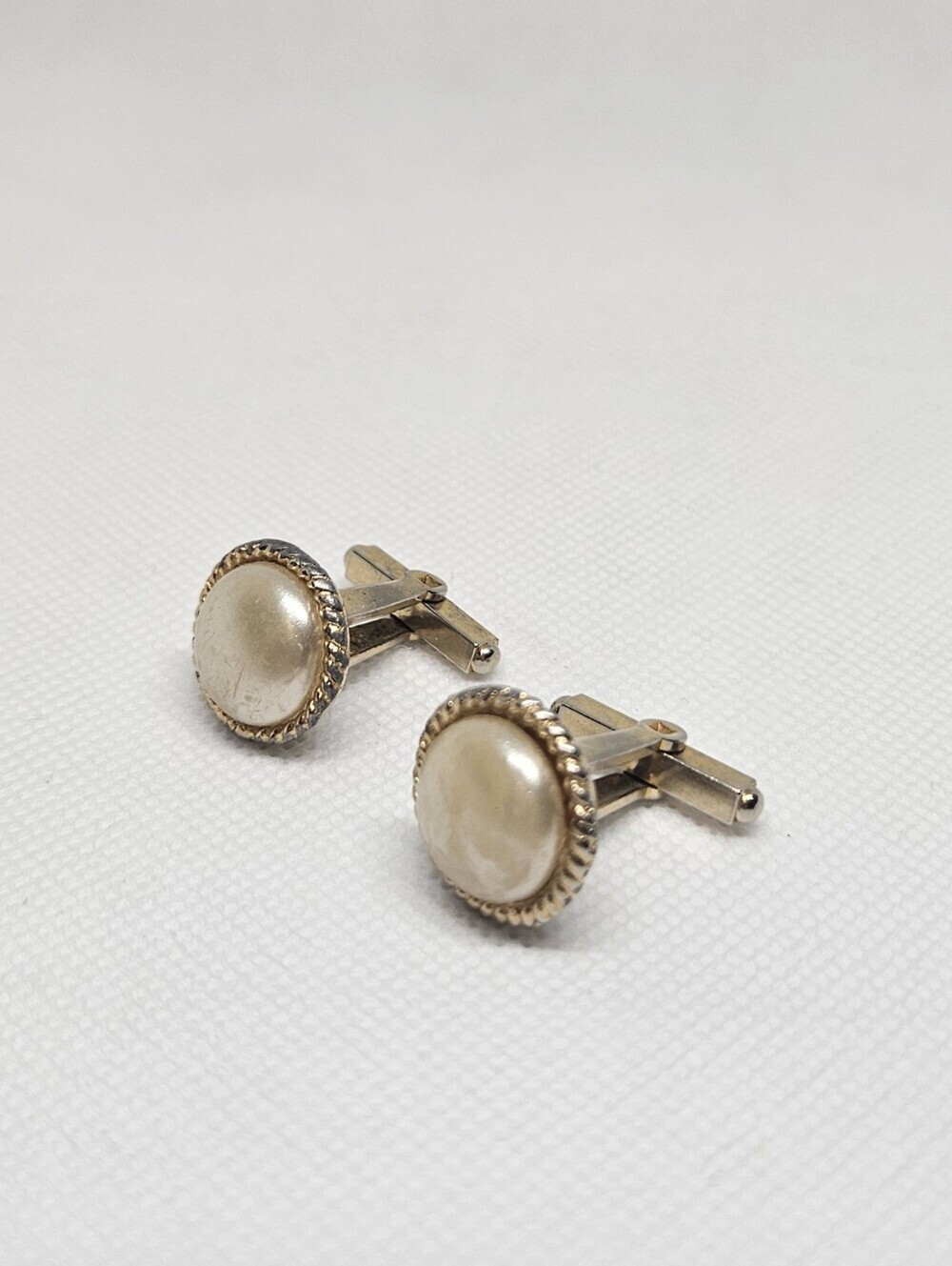 Vintage Faux Pearl Gold Tone Cufflinks Round Rope Edge Formal Accessories